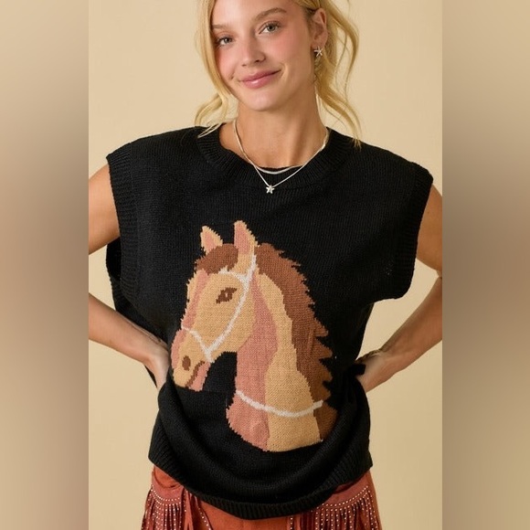 Western Horse Oversized Sleeveless Sweater Vest Top - Main Strip - Picture 7 of 7